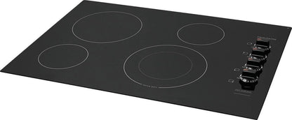 Casavibeo Frigidaire electric cooktop with four burners and sleek black surface, digital controls, and modern design.