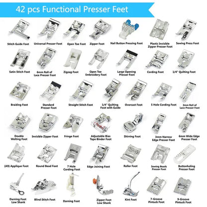 Belro 42-piece presser foot set for sewing, includes various presser feet for clothing and men's tailoring projects.