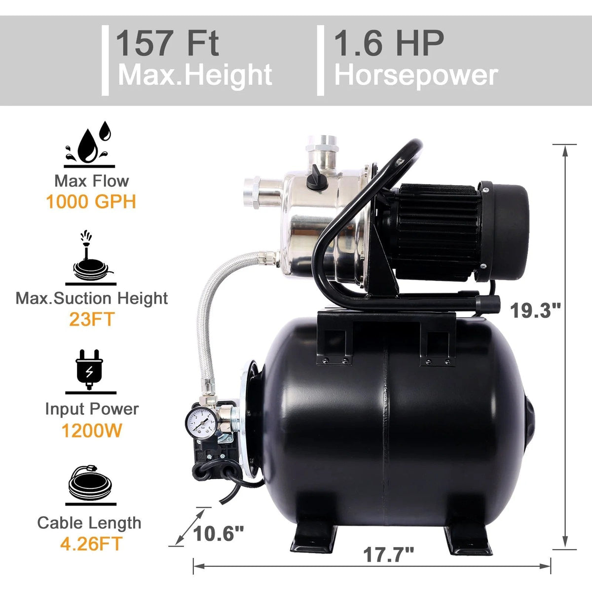 Casavibeo 1.6HP shallow well pump with 5-gallon pressure tank for automatic water boosting, garden irrigation, and irrigation applications