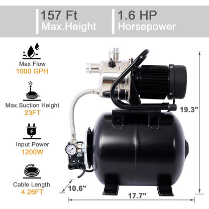 Casavibeo 1.6HP shallow well pump with 5-gallon pressure tank for automatic water boosting, garden irrigation, and irrigation applications