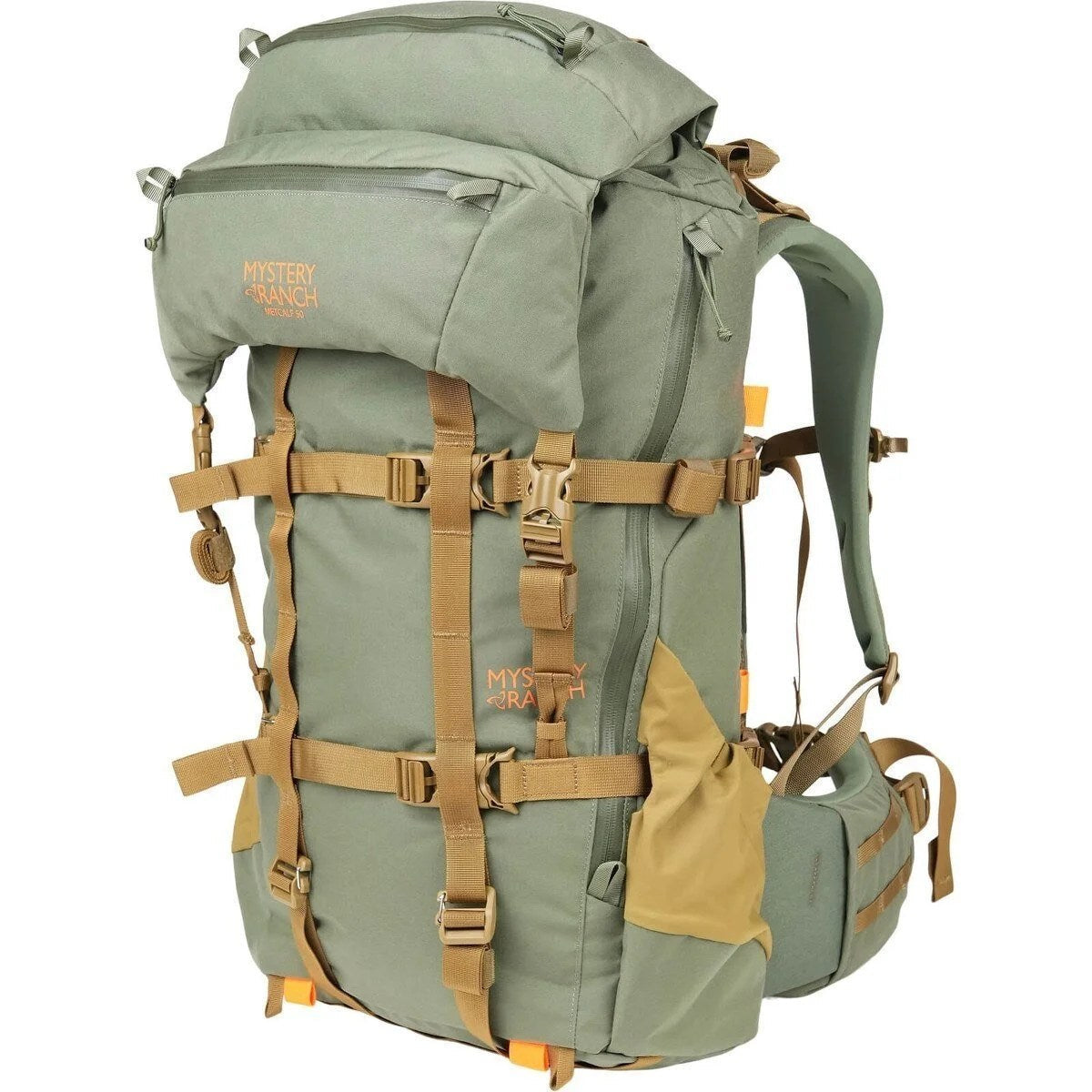 Casavibeo Mystery Ranch Metcalf 50 backpack with multiple compartments and durable design, shown in a close-up view.
