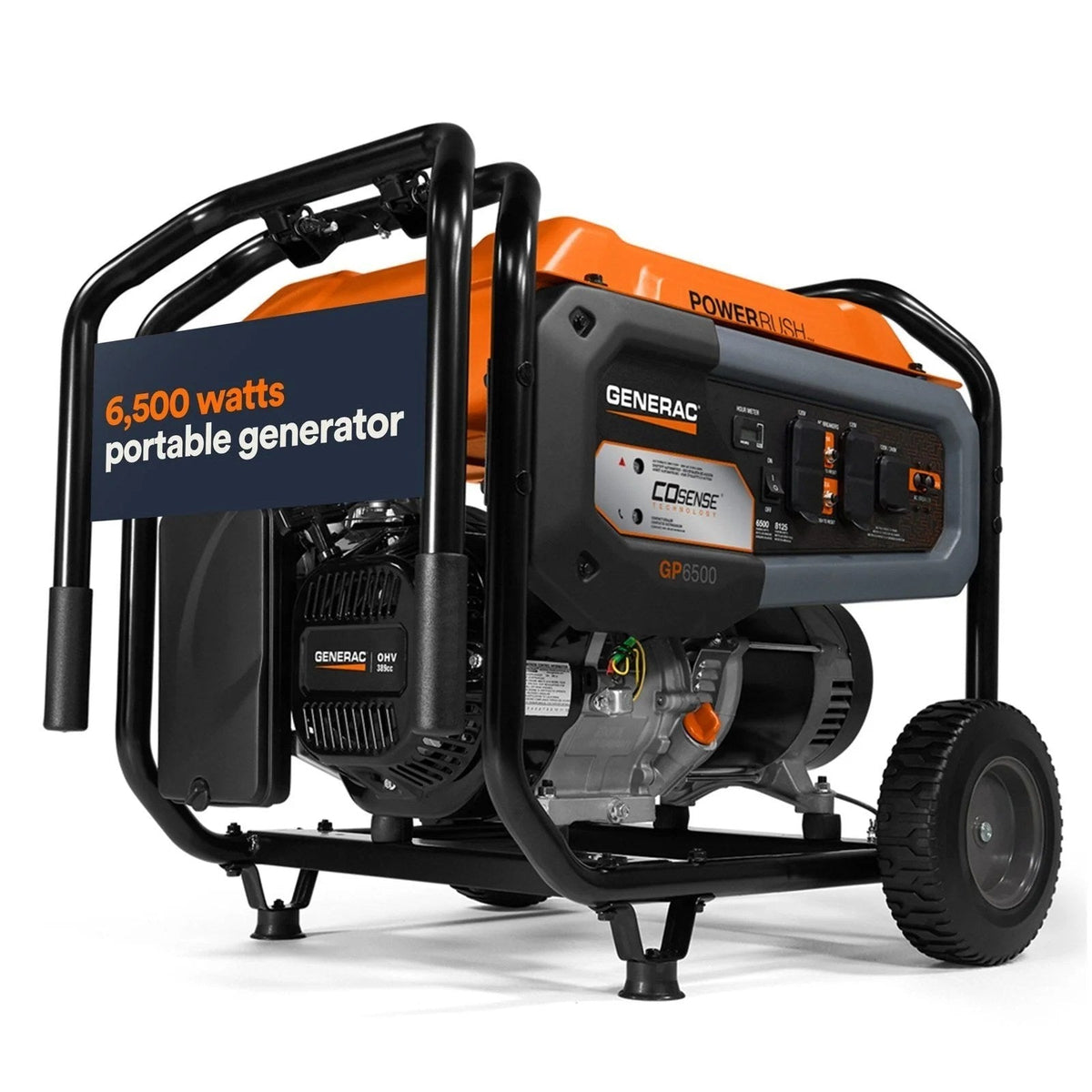 Casavibeo Generac 8125/6500 Watt portable generator with dual outlets and fuel tank, ready for outdoor power needs.