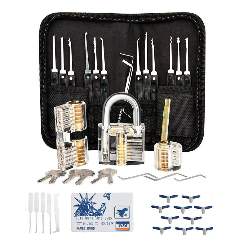 Set of 42 stainless steel lock picking practice padlocks with 3 transparent locks and quick opening guide from GETDECO.