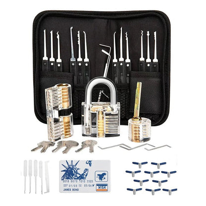 Set of 42 stainless steel lock picking practice padlocks with 3 transparent locks and quick opening guide from GETDECO.
