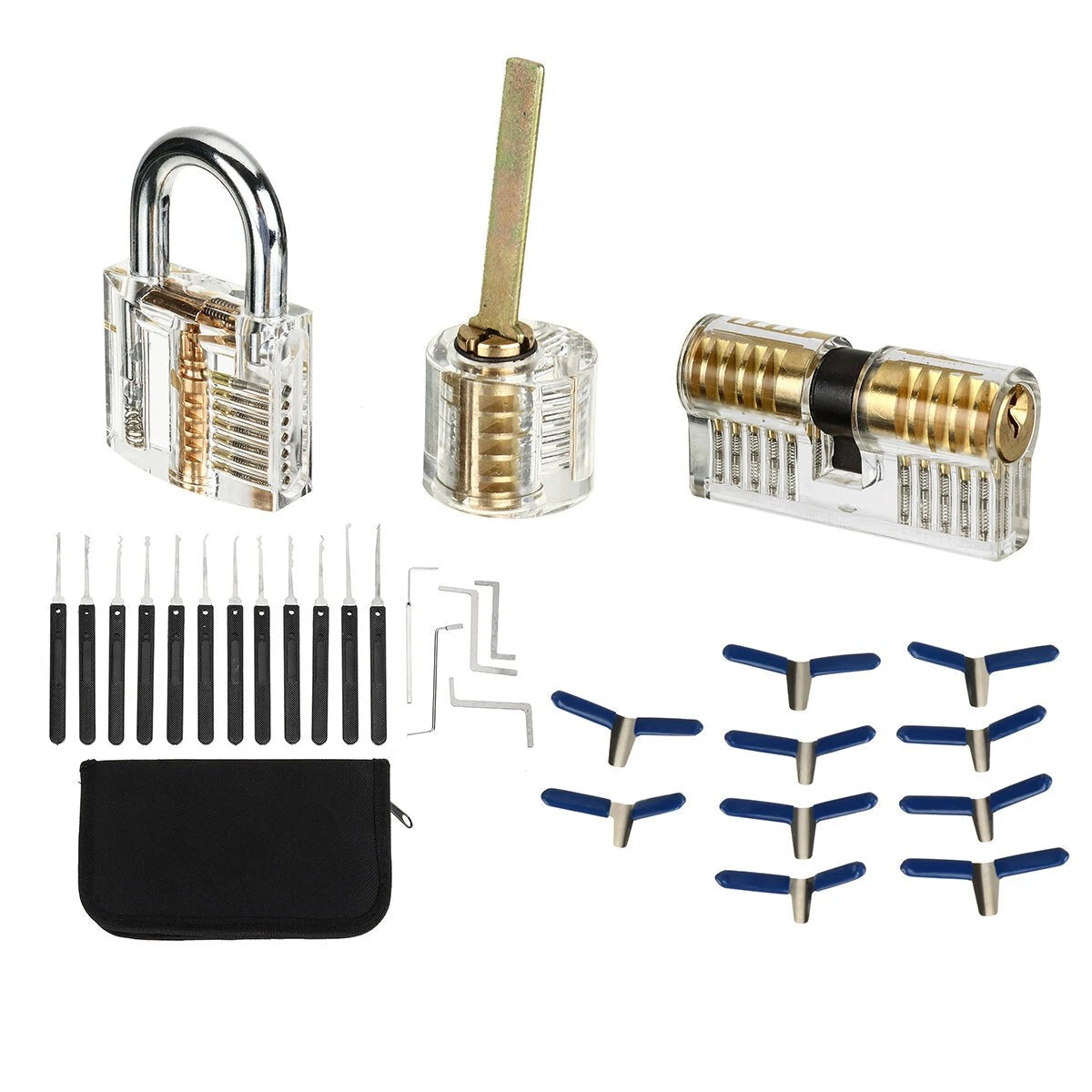 GETDECO 42-piece stainless steel lock picking practice set with three transparent locks and quick opening guide.
