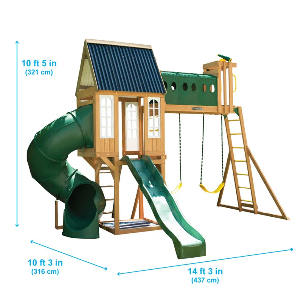 Casavibeo KidKraft Skyway Resort wooden swing set with swings, slide, and climbing features for kids' outdoor play.