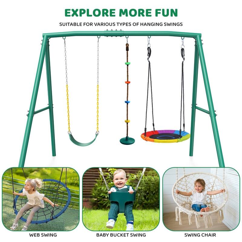 Heavy-duty Casavibeo A-frame metal swing set frame with five hanging hooks for kids and adults outdoor play.