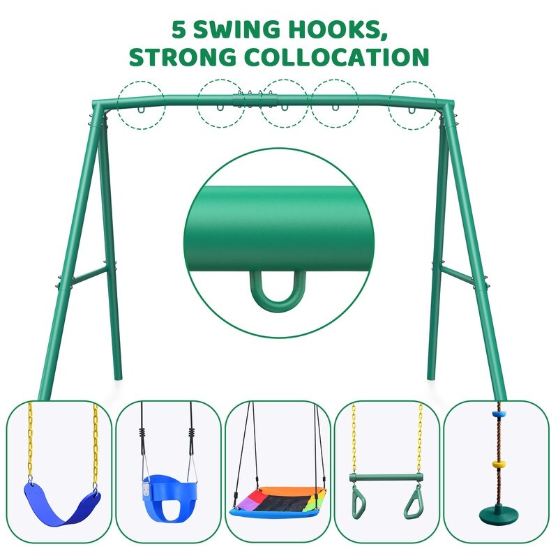 Heavy-duty Casavibeo A-frame metal swing set frame with 5 hanging hooks for kids and adults, outdoor use, supports up to 440lbs.