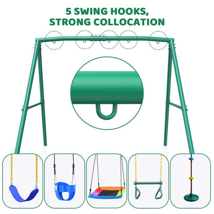 Heavy-duty Casavibeo A-frame metal swing set frame with 5 hanging hooks for kids and adults, outdoor use, supports up to 440lbs.
