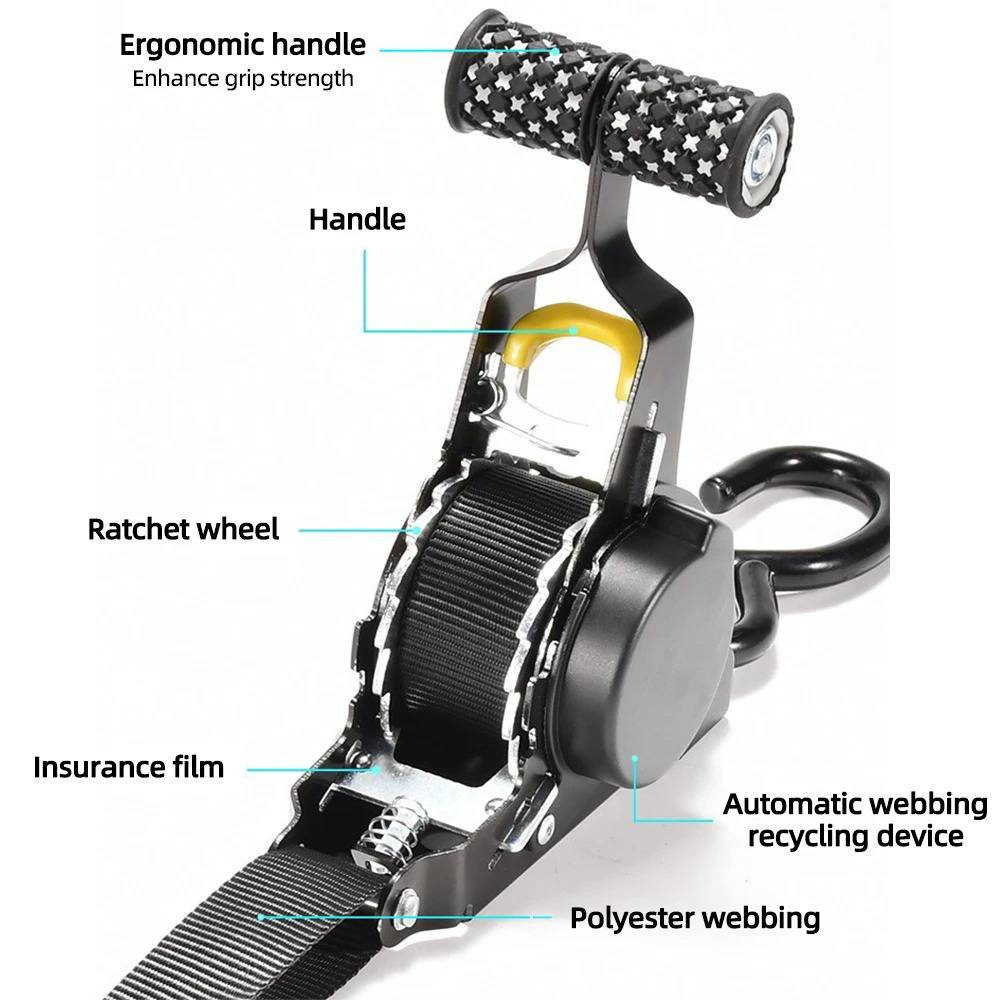Belro 2-set retractable ratchet straps with metal hooks for securing cargo and heavy-duty tie-downs in tools and hardware applications