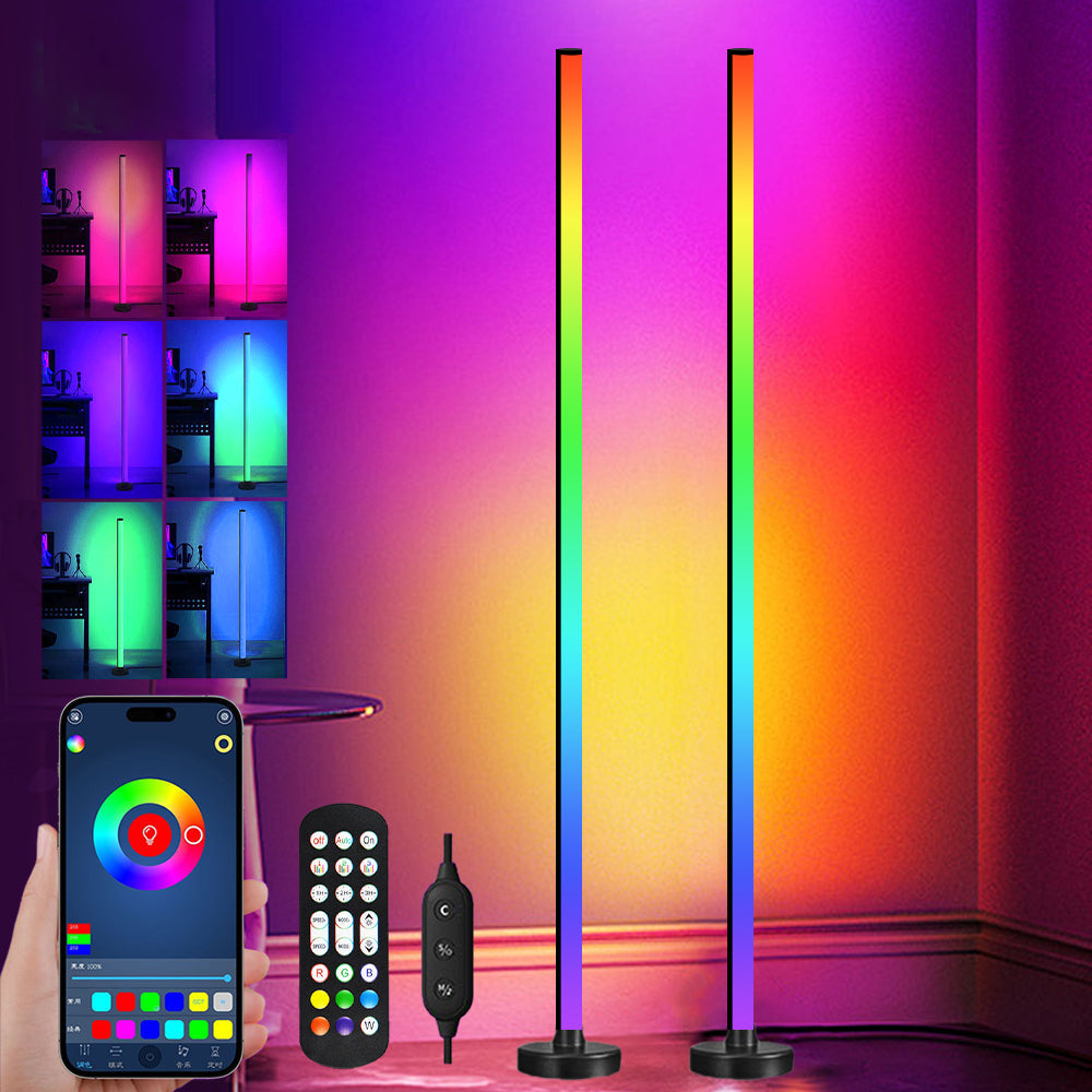Smart LED floor lamp by Belro with adjustable arm and modern design, standing on a sleek base in a contemporary living room setting.