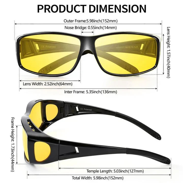 Mivoza night driving over-glasses with yellow anti-glare lenses, scratch-resistant, designed for improved vision during nighttime driving.