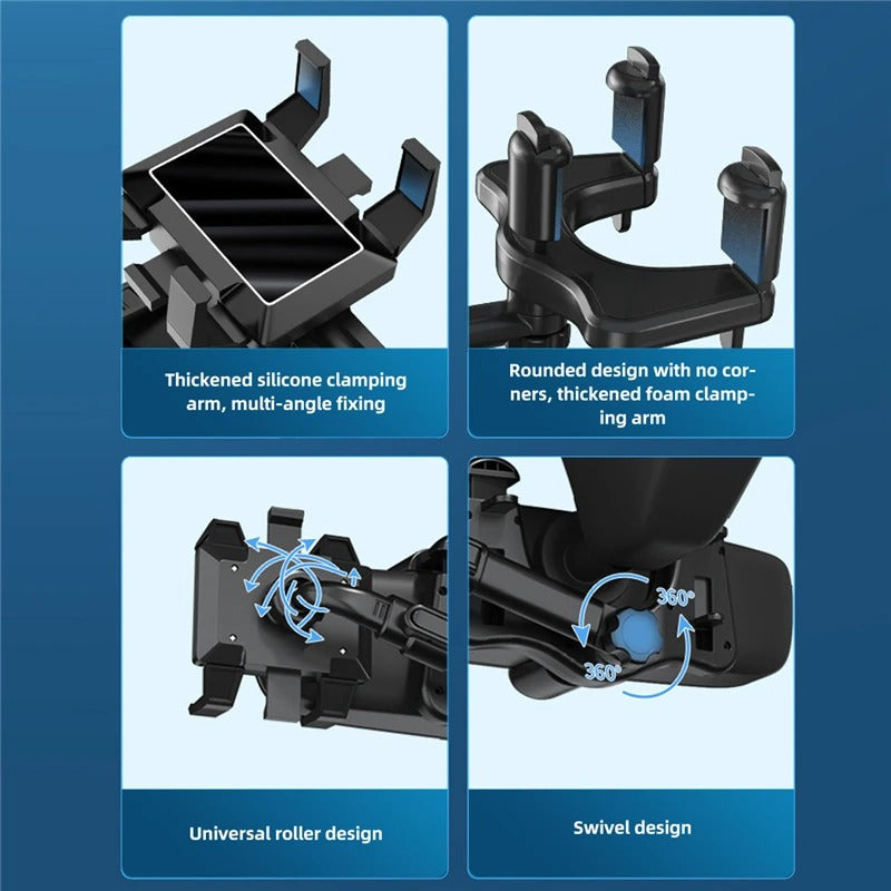 Belro rearview mirror phone holder attached to car mirror, designed for secure smartphone mounting during driving.