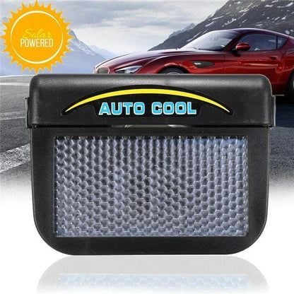 Belro solar-powered car vent window fan installed on vehicle window, outdoor device for fresh air circulation and cooling.
