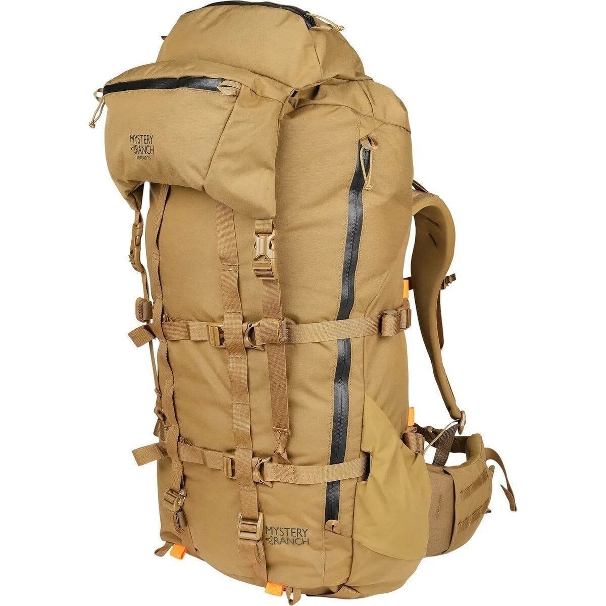 Casavibeo Mystery Ranch Metcalf 75 hiking backpack with multiple compartments and adjustable straps, shown in black.