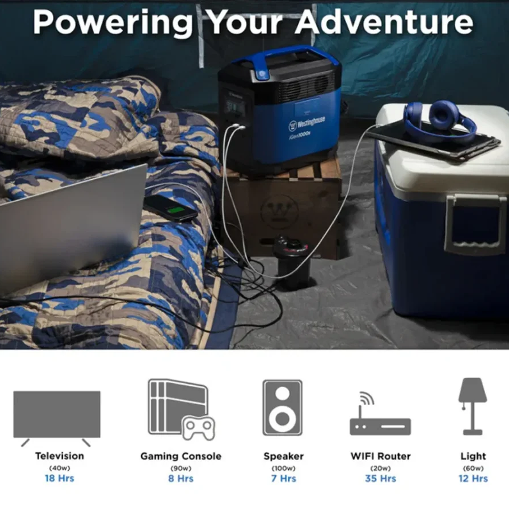 Casavibeo WESTINGHOUSE iGEN1000S portable power station with multiple outlets and digital display, ready for outdoor use.