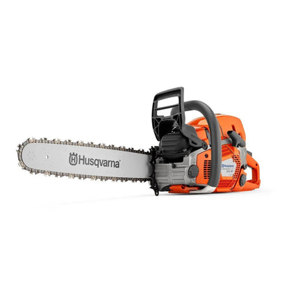 Husqvarna 572XP chainsaw with a steel guide bar and chain, featuring black and orange body, ready for logging or woodcutting tasks.