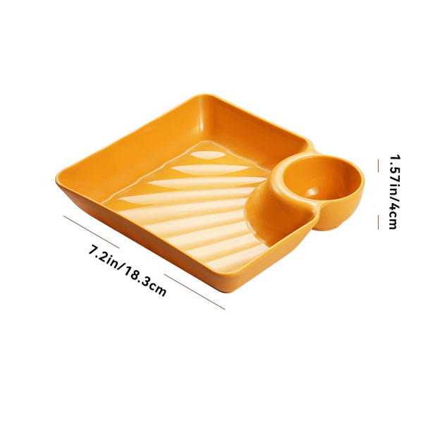 Mivoza dipping plate with sauce compartment, stackable design, no-drip edge, ideal for serving sauces and appetizers.