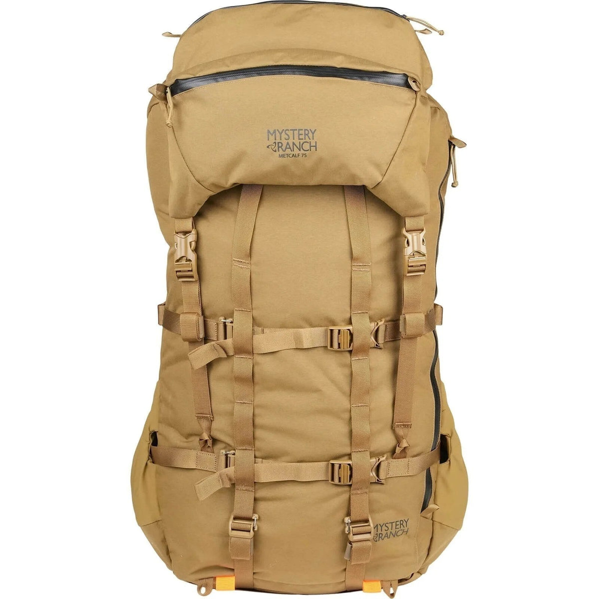 Casavibeo Mystery Ranch Metcalf 75 hiking backpack with multiple compartments and padded straps, shown from the side.