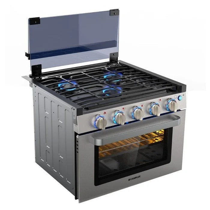 Casavibeo 17-inch RV oven with three-burner cooktop, compact and functional for mobile kitchen cooking needs.
