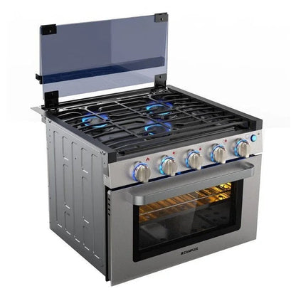 Casavibeo 17-inch RV oven with three-burner cooktop, compact and functional for mobile kitchen cooking needs.