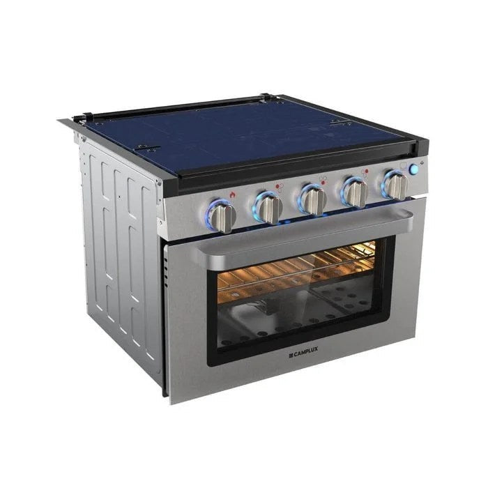 Casavibeo 17-inch RV oven with three-burner cooktop, compact and functional for camping and mobile kitchens.