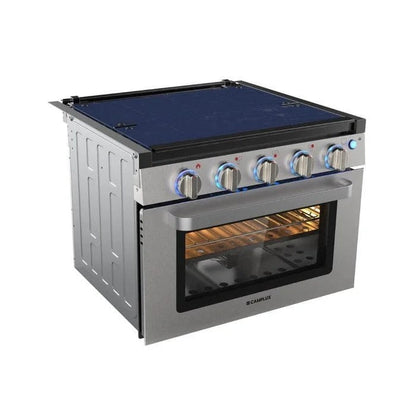 Casavibeo 17-inch RV oven with three-burner cooktop, compact and functional for camping and mobile kitchens.