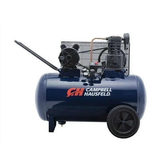 Cast-iron Campbell Hausfeld 3.7-HP 30-gallon air compressor with pressure gauges and air hose in a workshop setting