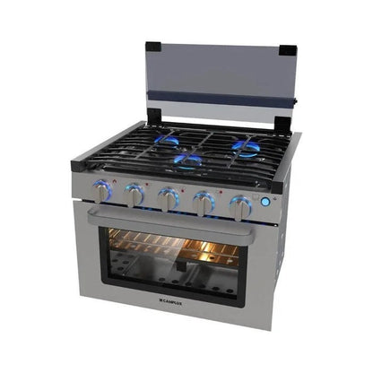 Casavibeo 17-inch RV oven with three-burner cooktop, compact and portable kitchen appliance for camping and RV cooking.