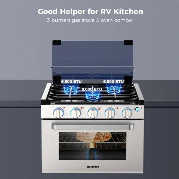 Casavibeo Camplux 17-inch RV oven with three-burner cooktop, showing the compact stainless steel appliance with control knobs.