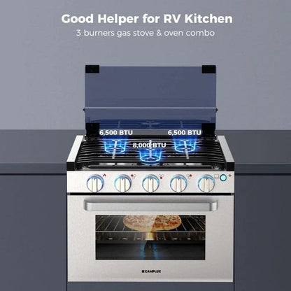 Casavibeo Camplux 17-inch RV oven with three-burner cooktop, showing the compact stainless steel appliance with control knobs.