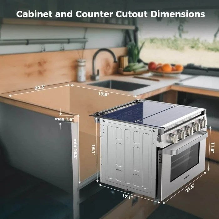 Casavibeo Camplux 17-inch RV oven with 3-burner cooktop, stainless steel finish, and control knobs for outdoor camping cooking.