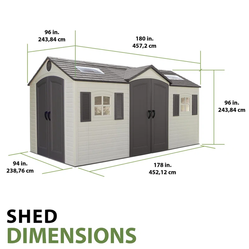 Casavibeo outdoor storage shed, 15 ft by 8 ft, high-density polyethylene exterior with double doors and vented roof for weather resistance.
