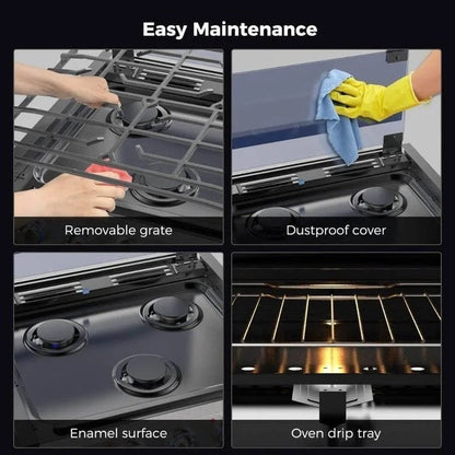 Casavibeo Camplux 17-inch RV oven with three-burner cooktop, stainless steel finish, and control knobs for outdoor camping cooking.