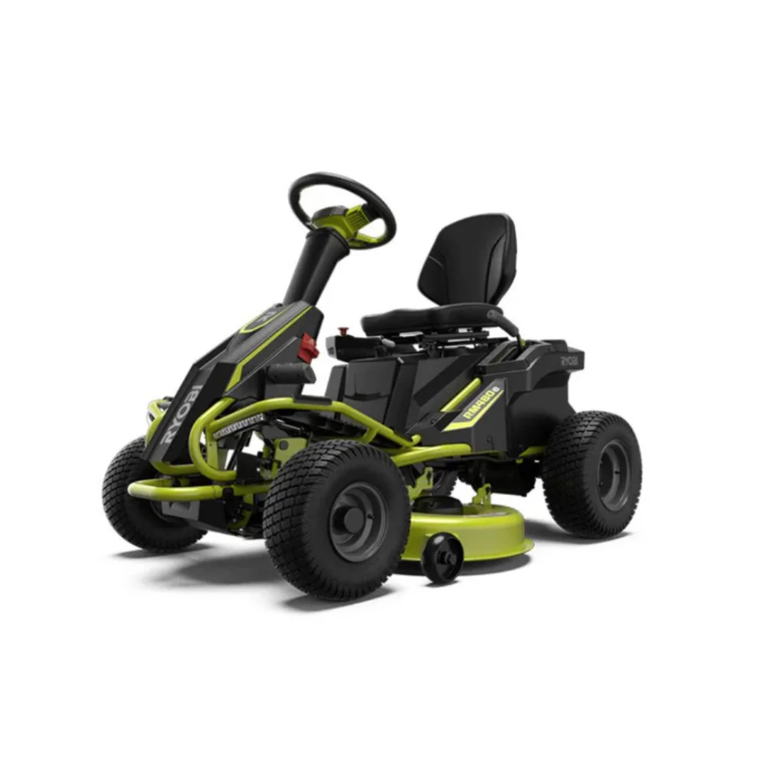Casavibeo RYOBI 38-inch electric riding lawn mower with 100 Ah battery and rear engine, shown in a close-up view.
