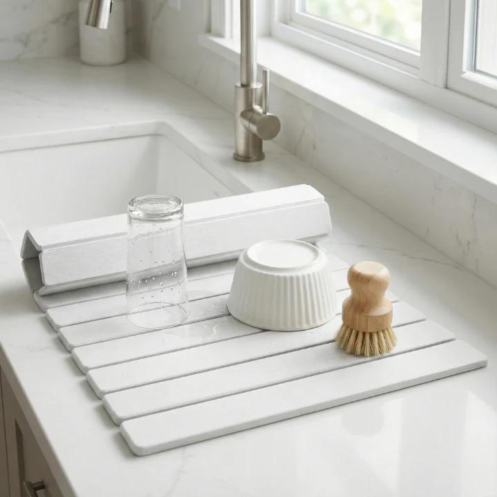 Mivoza diatomite stone dish drying mat, foldable and super absorbent, measuring 40x30cm, ideal for kitchen countertop drying.