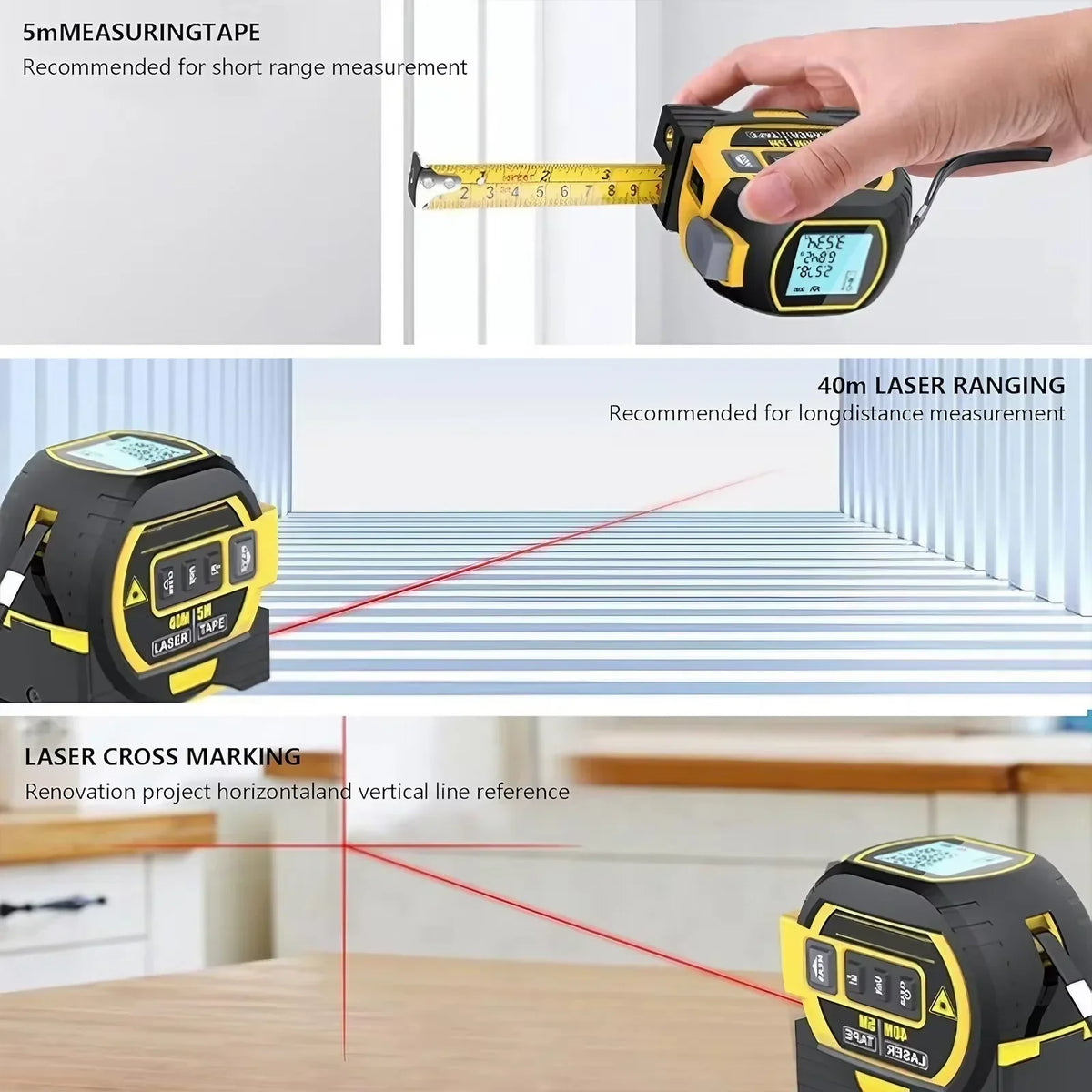 Belro 3-in-1 laser tape measure with infrared, measuring 40/60 meters, featuring digital display and compact design for precise measurements.
