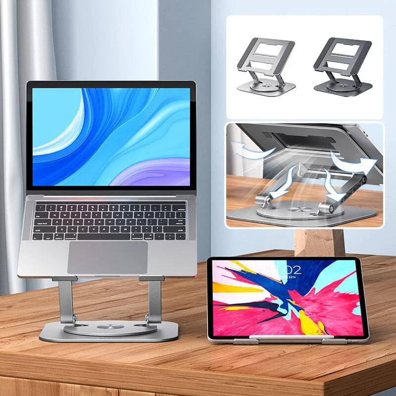 Belro aluminum alloy laptop stand with 360-degree rotating bracket, adjustable for comfortable computer use.