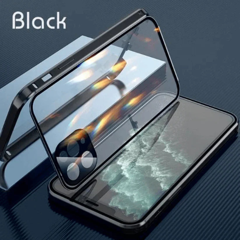 Belro double-sided buckle iPhone case showing front and back design with secure buckle closure.