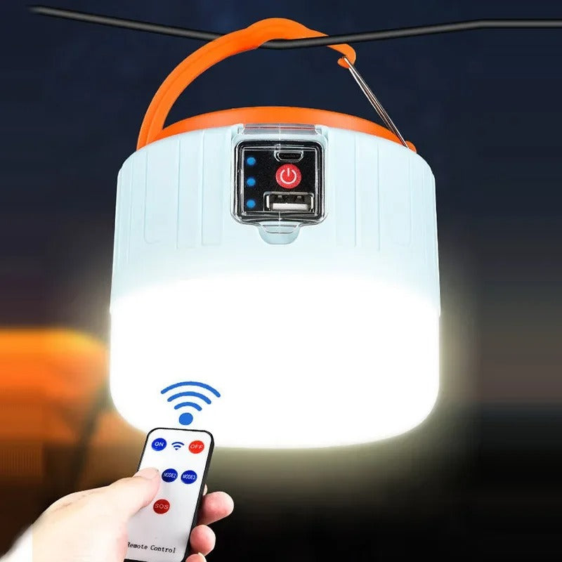 Belro camping lantern emitting bright light, compact design with handle, suitable for outdoor camping and emergency lighting.