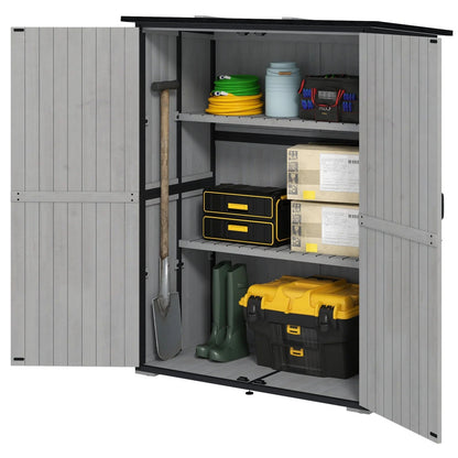 Casavibeo outdoor wooden garden storage shed with lockable doors and interior shelves for organized outdoor storage.