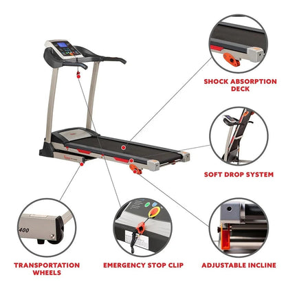 Casavibeo Sunny SF-T4400 treadmill with digital display and foldable design, shown in a home gym setting.