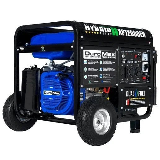 DuroMax DS12000EH 12,000 Watt dual fuel portable generator with engine and control panel, ideal for backup power needs.