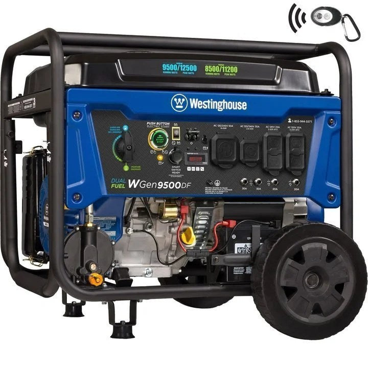 Portable Westinghouse WGen9500DF generator with dual fuel capability, black and yellow design, compact and sturdy for outdoor use.