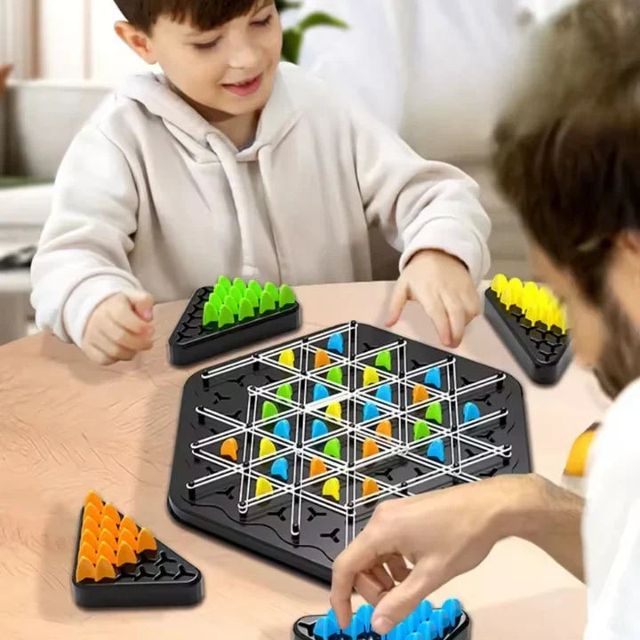 Mivoza Triangle Strategy Board Game for 2-4 players, featuring colorful game pieces and a strategic layout on the game board.