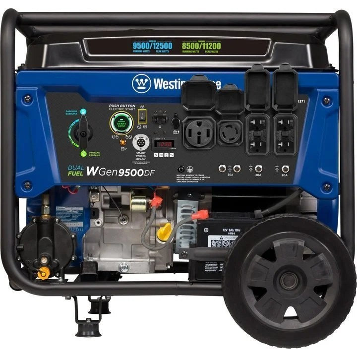 Casavibeo Westinghouse WGen9500DF portable generator with dual fuel capability, shown with its control panel and fuel tanks.