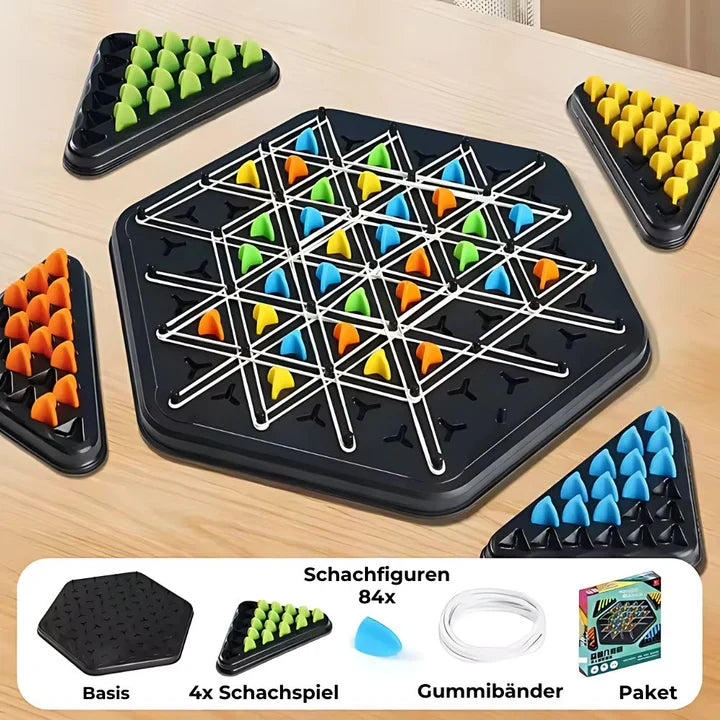 Mivoza Triangle Strategy Board Game for 2-4 players, featuring colorful game pieces and strategic gameplay on a wooden board.