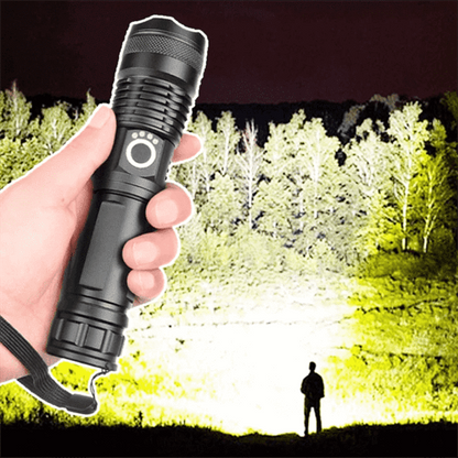 Belro 90000 Lumens Xhp50.2 powerful LED flashlight with adjustable focus and sturdy black body for outdoor lighting.