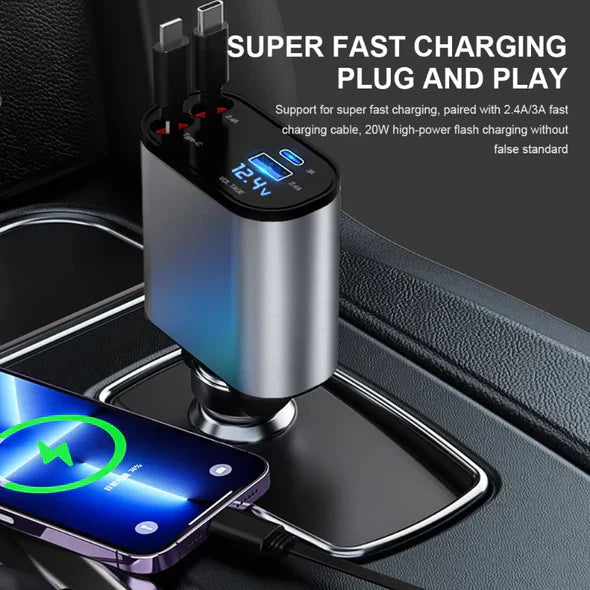 Belro 4-in-1 retractable car charger with multiple USB ports for electronics, shown plugged into a vehicle's power outlet.
