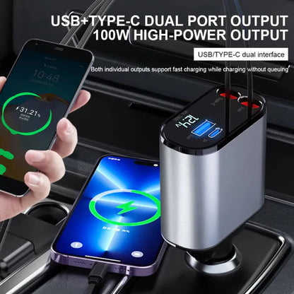 Belro 4-in-1 retractable car charger with multiple USB ports for smartphones and devices, compact and portable automotive charging accessory.